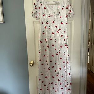 Francesca's White Dress with Red Strawberry & Cherry Print NWT L Large